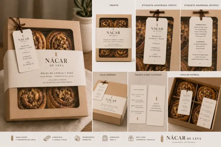 Caja de roles de canela y nuez con empaque Nácar de Leva